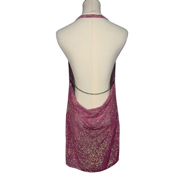 Women’s XS/S Sleeveless Backless Rhinestone Chain Mesh Mini Dress Pink - Picture 6 of 7